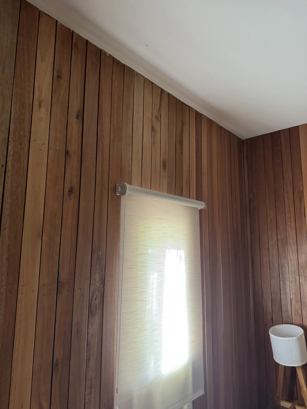 Cortina roller sunscreen instalada en pared revestida en madera